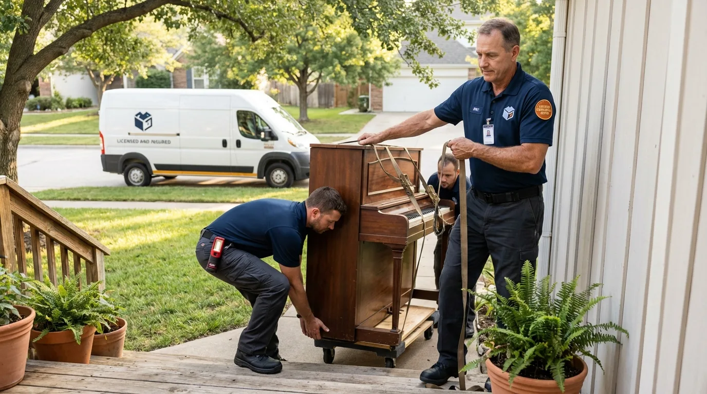 Licensed piano movers securing grand piano in Manteno, IL