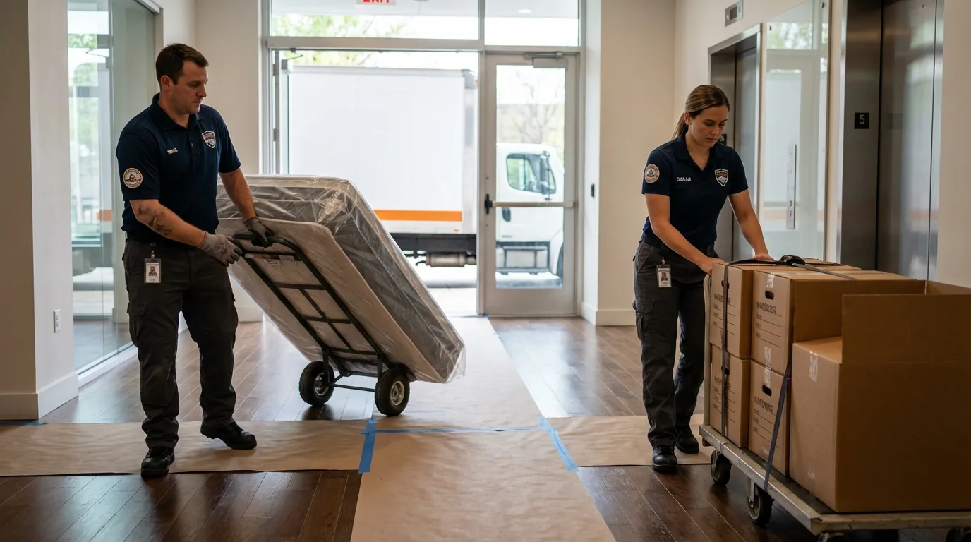 Professional apartment movers loading elevator in Manteno, IL